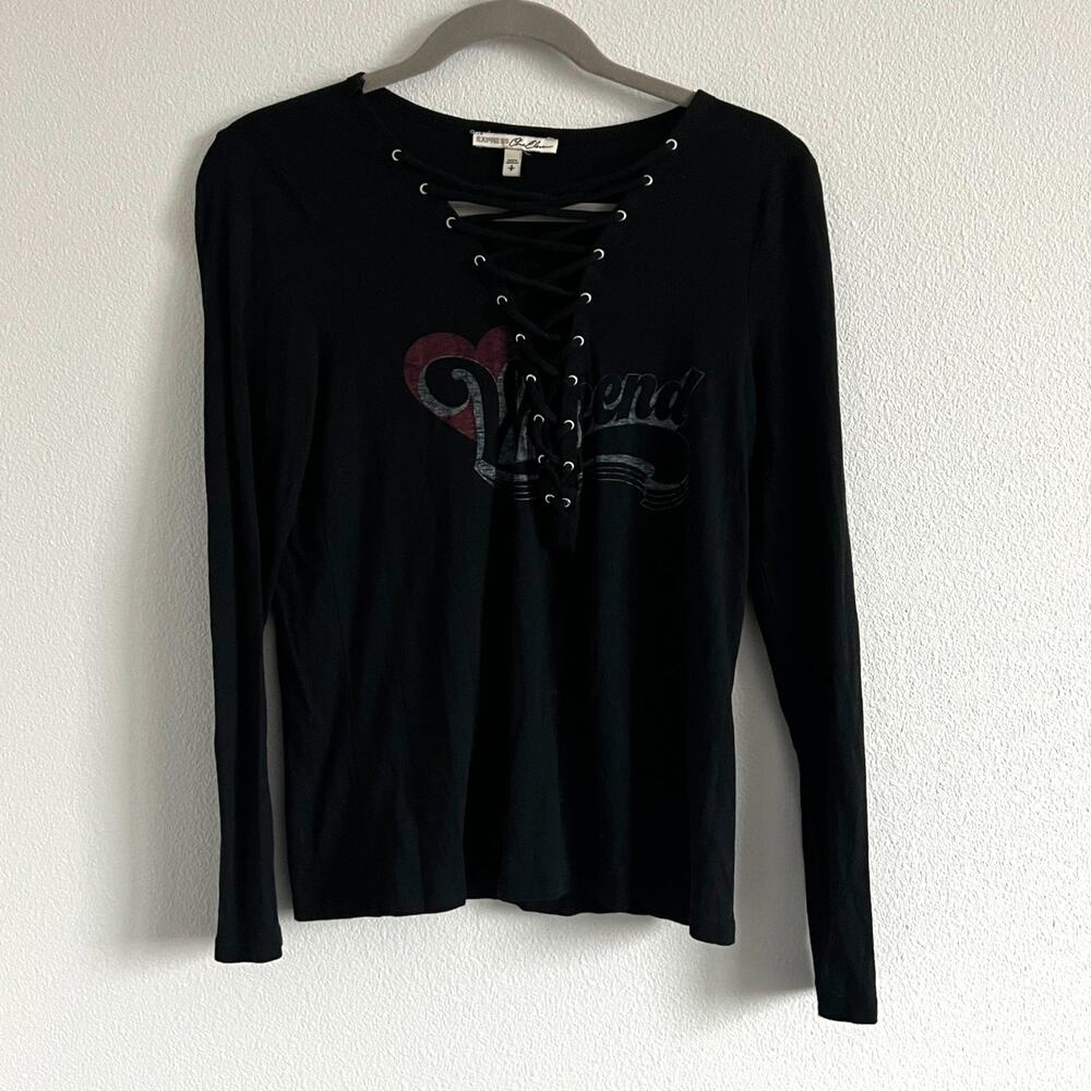 Express One Eleven Black Weekend Long-Sleeve T-Shirt S 2010s Grunge Indie Sleaze